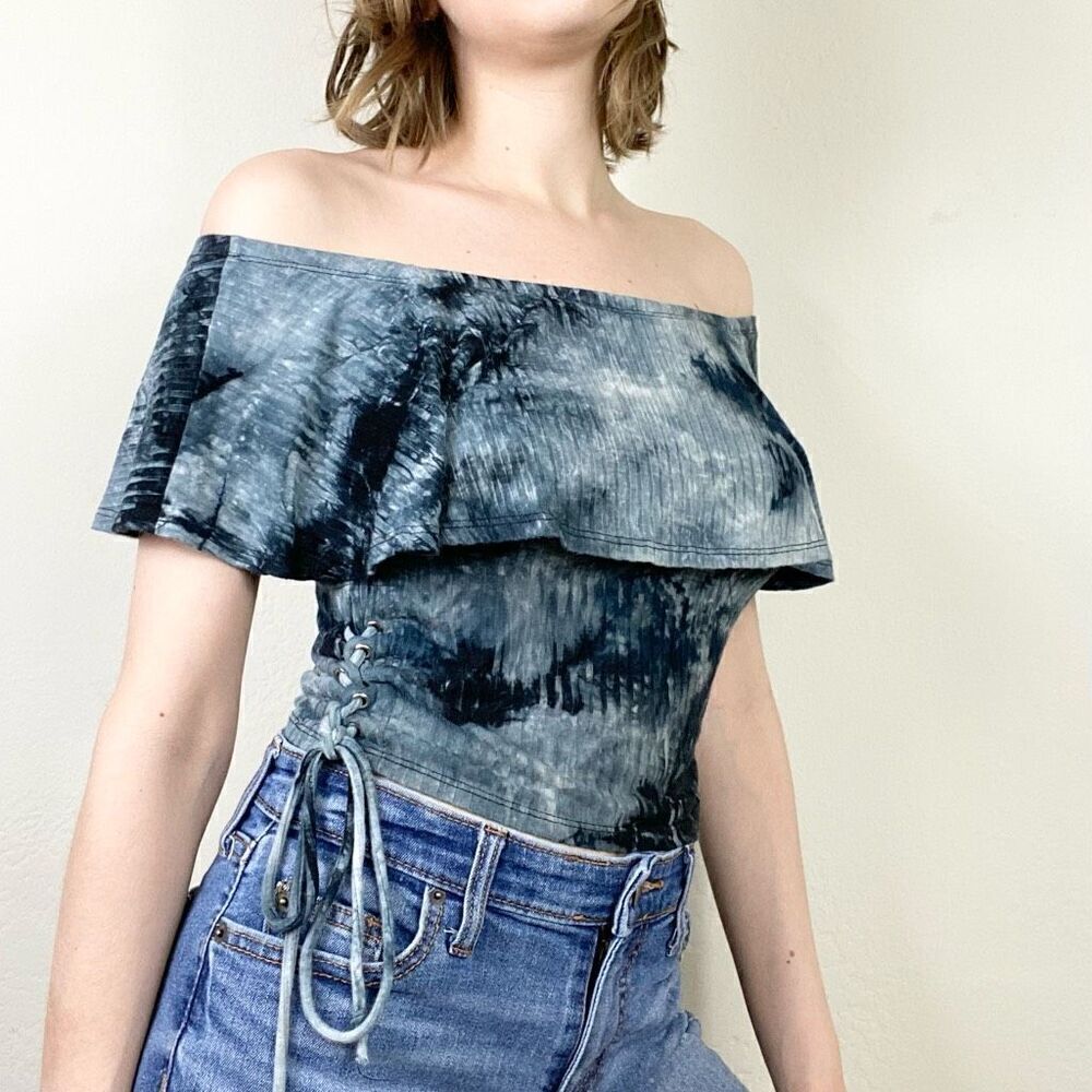 Hearts & Hips Navy Blue Tie Dye Off the Shoulder Lace Up Tie Sides Blouse Size M